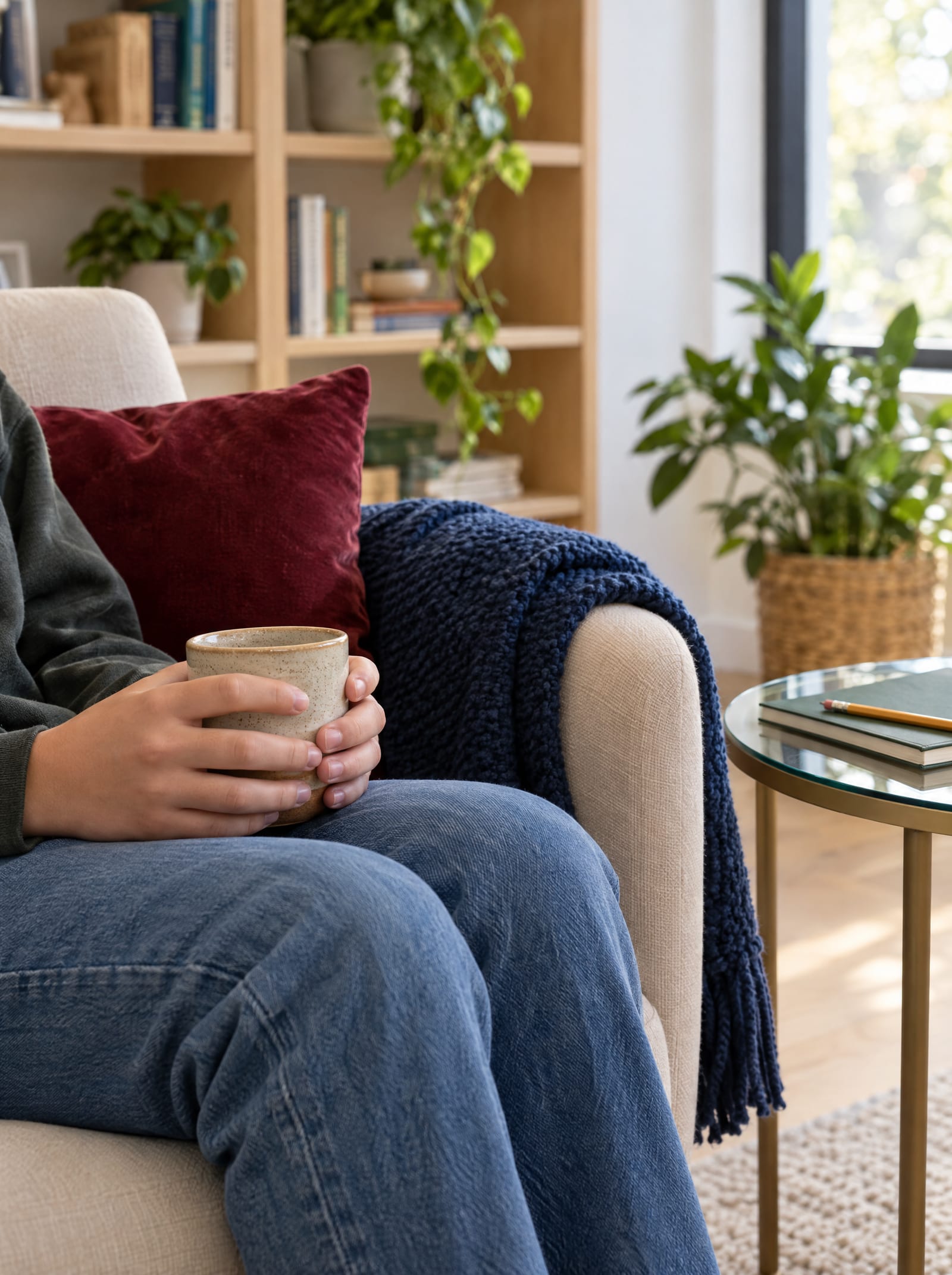 Jugendliche sitzt entspannt mit einer Tasse in den Händen in einem hellen Sessel, daneben ein rotes Kissen und eine blaue Decke